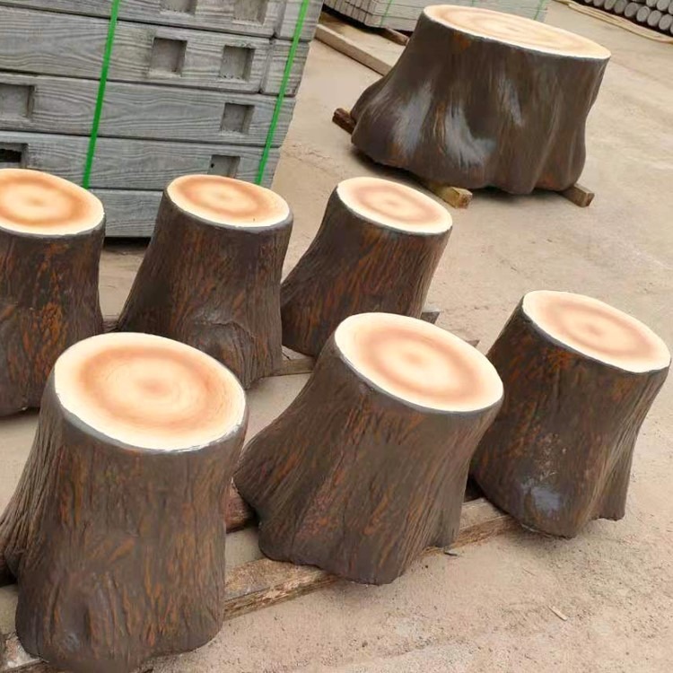广东茂名生态旅游景区水泥仿木茶几坐凳喷漆效果 艺高景观新农村建设仿树皮桌凳